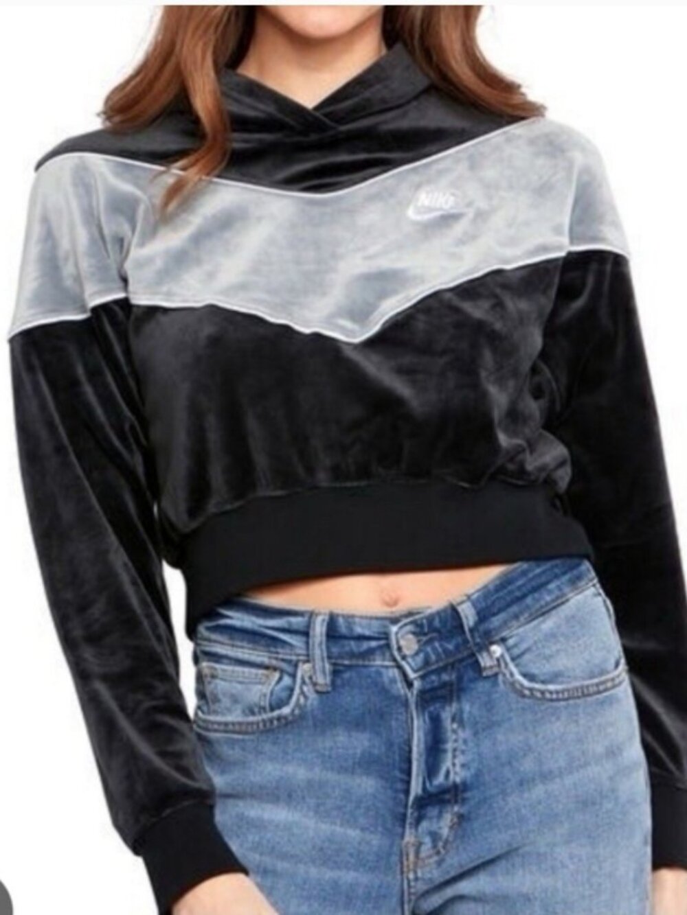 Nike Heritage Crop Velour Black and Grey Hoodie